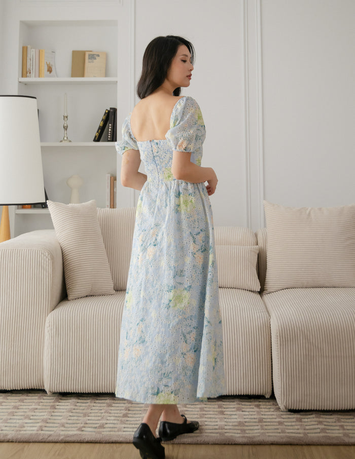 Raynee Floral Eyelet Dress in Blue