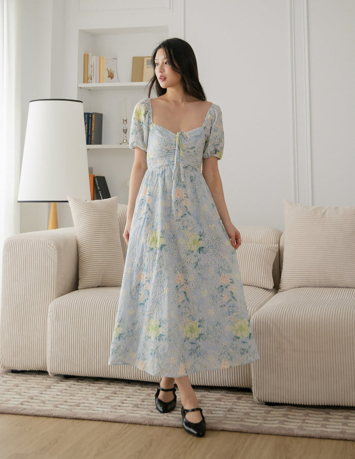 Raynee Floral Eyelet Dress in Blue