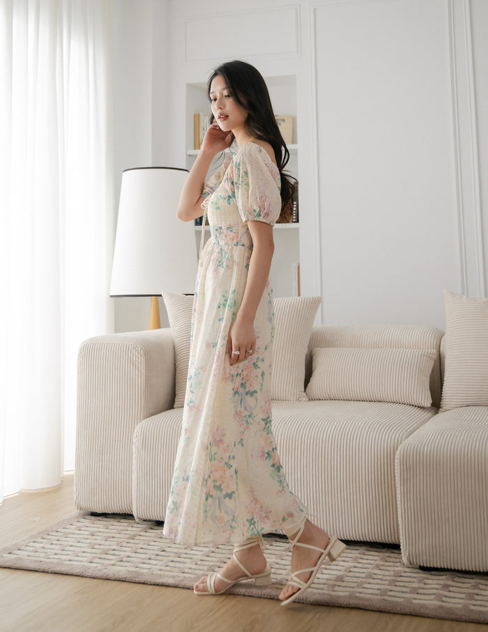 Raynee Floral Eyelet Dress in Cream