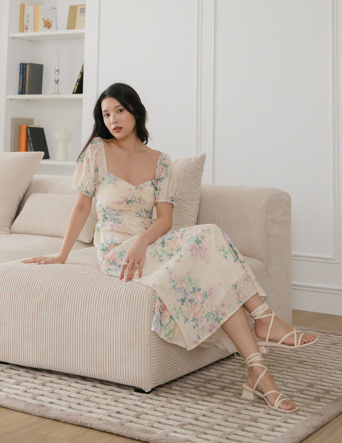 Raynee Floral Eyelet Dress in Cream