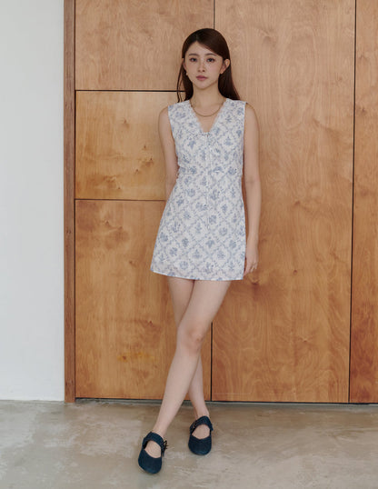 Rosette Padded Lace-Tie Romper Dress in Blue