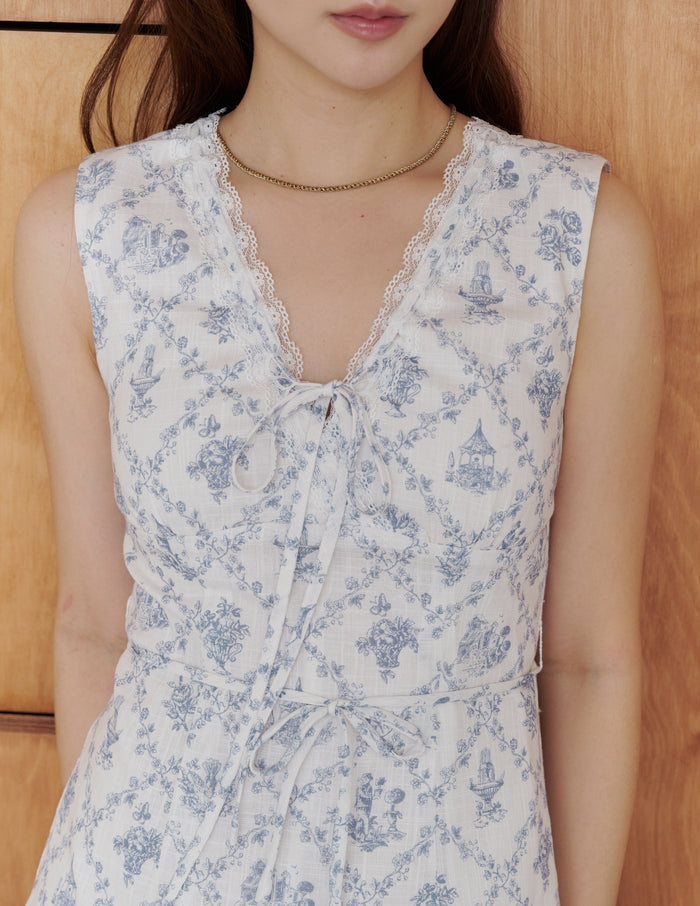Rosette Padded Lace-Tie Romper Dress in Blue