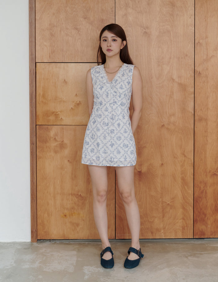 Rosette Padded Lace-Tie Romper Dress in Blue