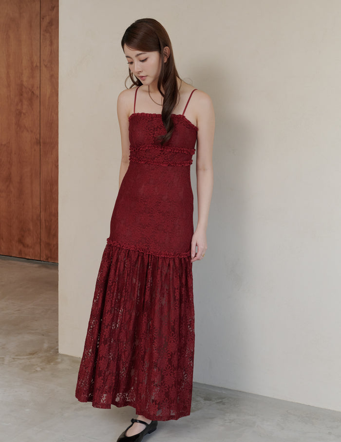 Sora Lace Padded Maxi Dress in Red
