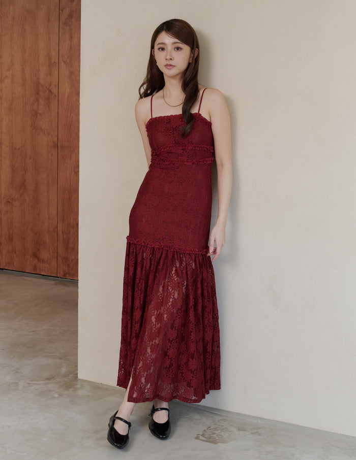 Sora Lace Padded Maxi Dress in Red
