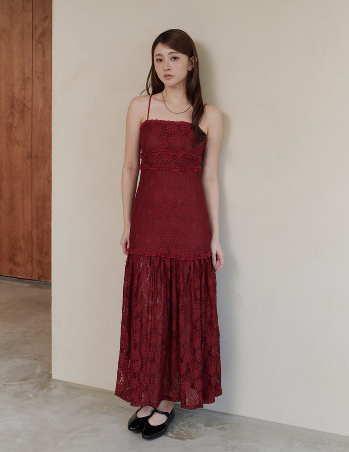 Sora Lace Padded Maxi Dress in Red