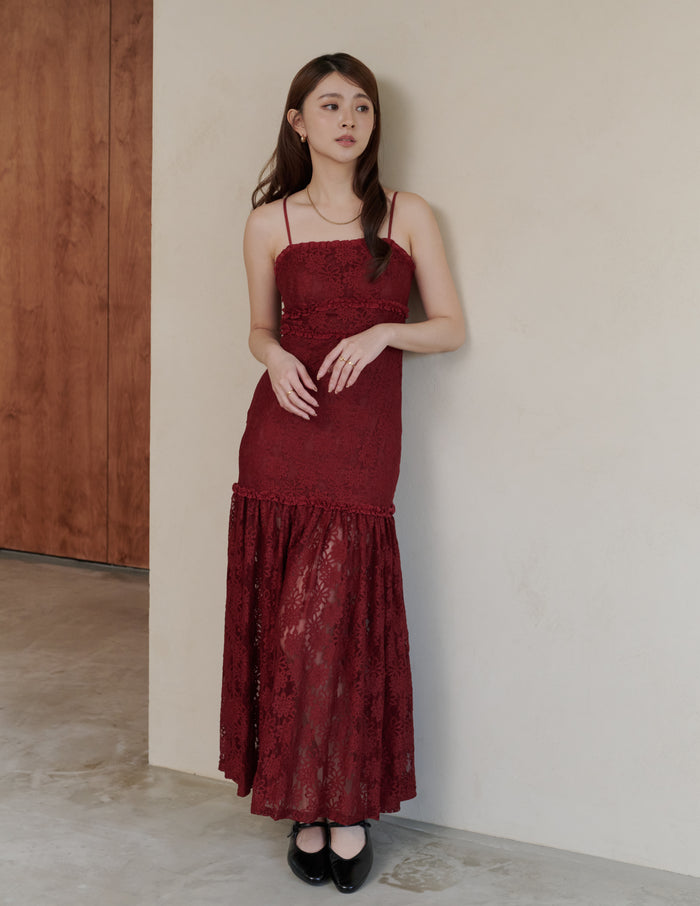Sora Lace Padded Maxi Dress in Red