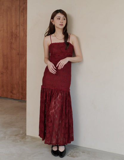 Sora Lace Padded Maxi Dress in Red