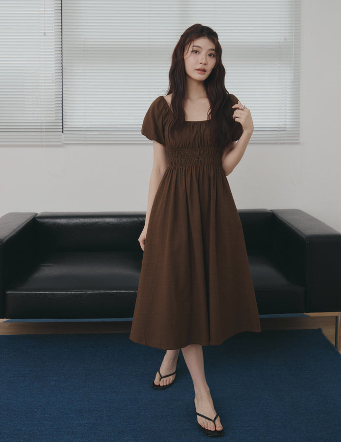 Stefanie Shirred Midi Dress in Brown