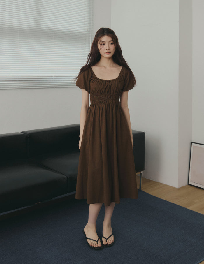 Stefanie Shirred Midi Dress in Brown