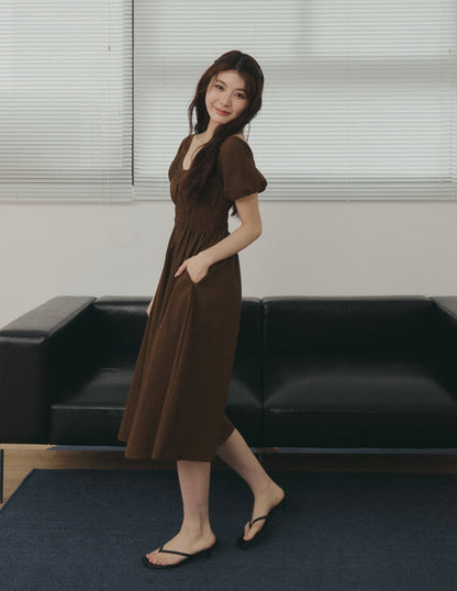 Stefanie Shirred Midi Dress in Brown