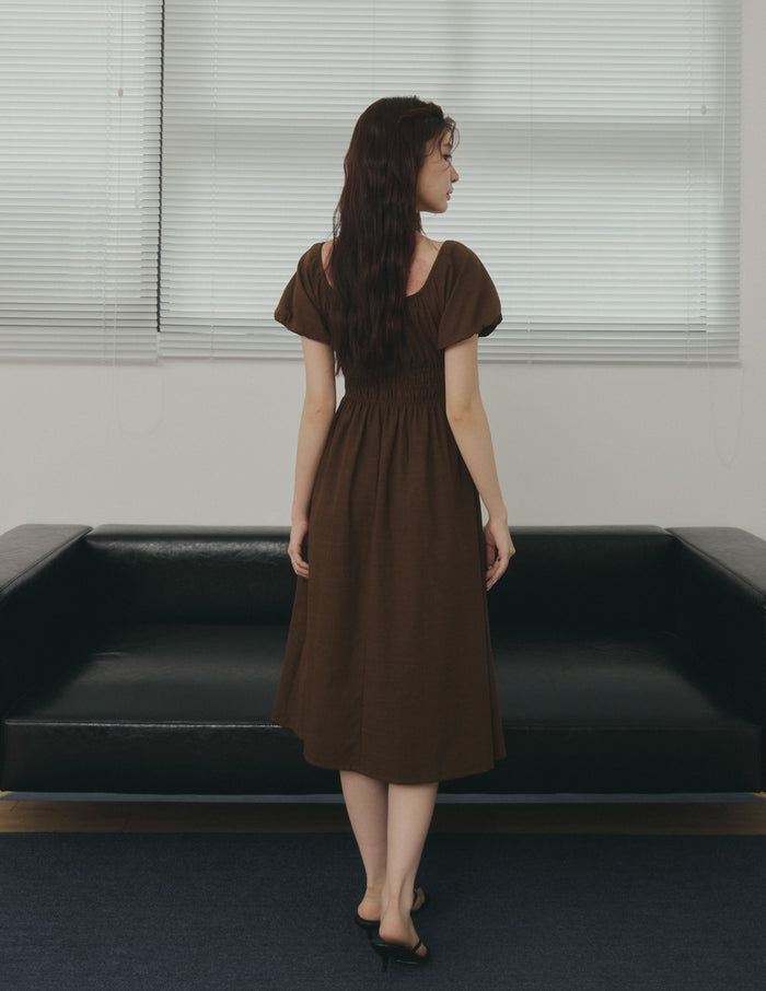 Stefanie Shirred Midi Dress in Brown