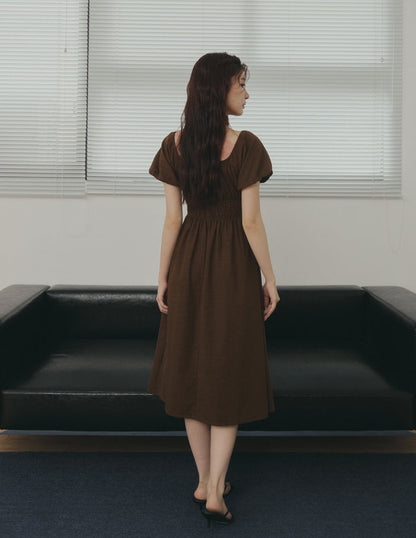 Stefanie Shirred Midi Dress in Brown