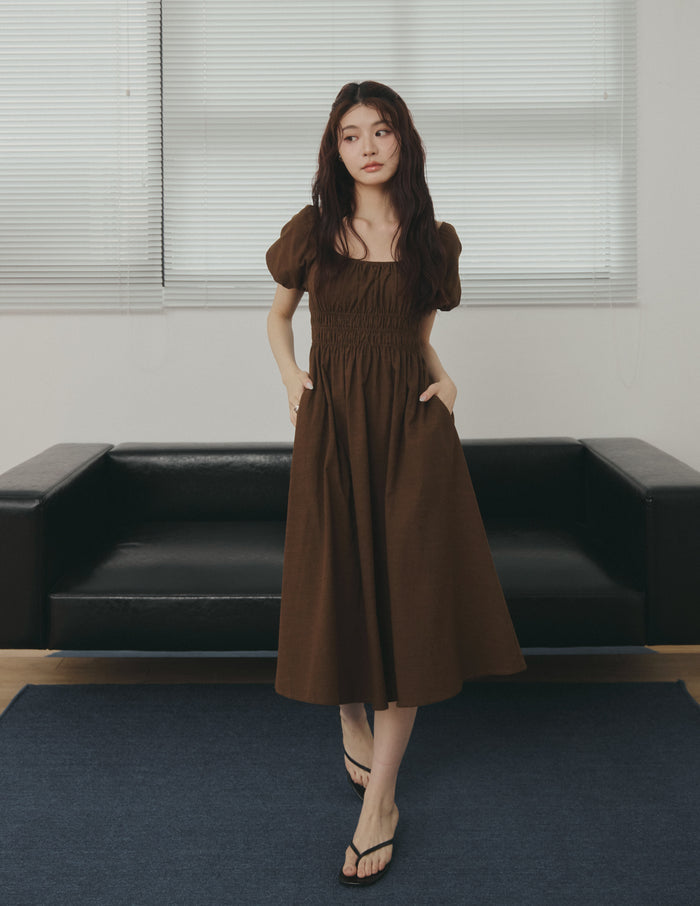 Stefanie Shirred Midi Dress in Brown