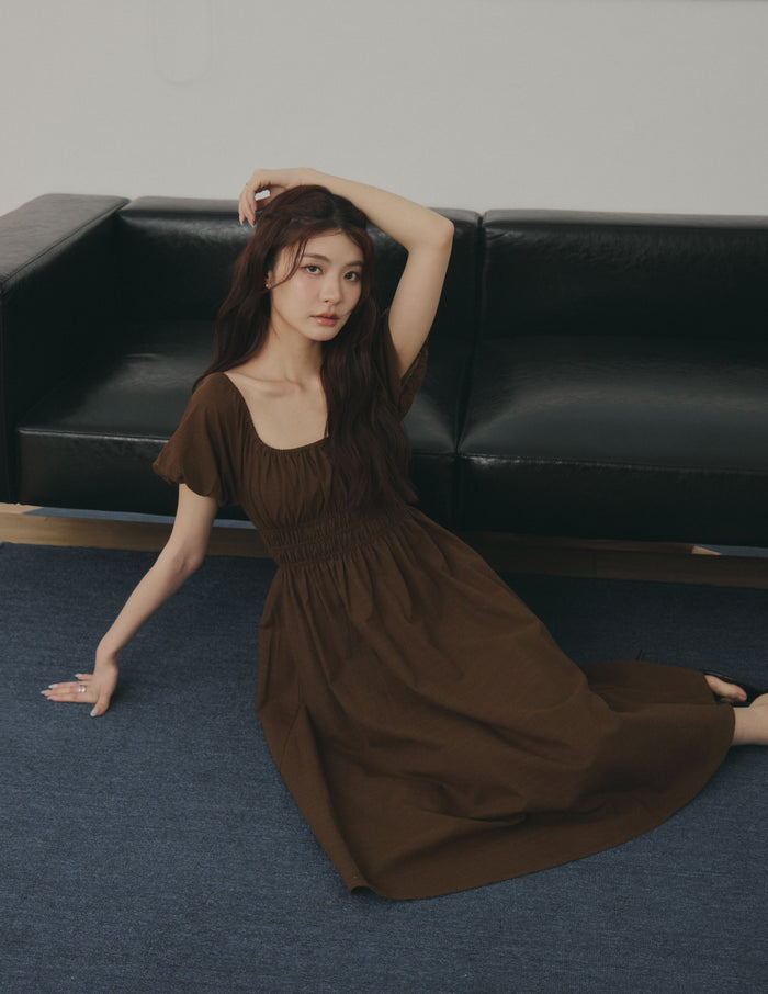 Stefanie Shirred Midi Dress in Brown