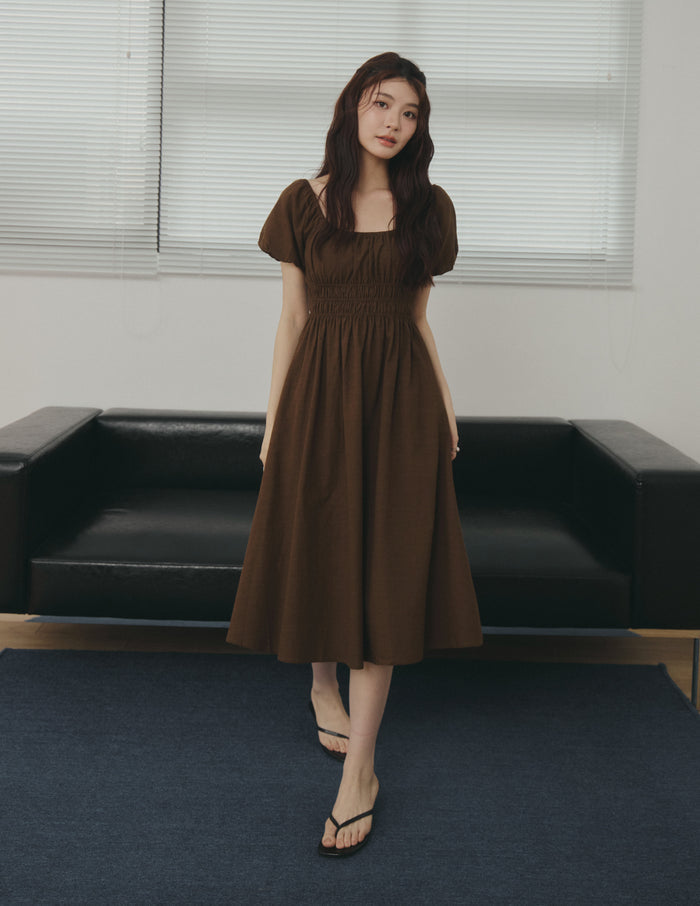 Stefanie Shirred Midi Dress in Brown