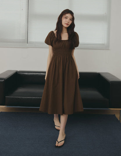 Stefanie Shirred Midi Dress in Brown