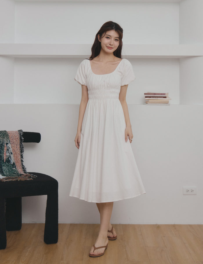 Stefanie Shirred Midi Dress in White