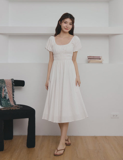 Stefanie Shirred Midi Dress in White