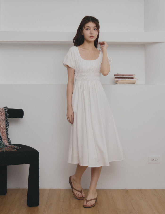 Stefanie Shirred Midi Dress in White