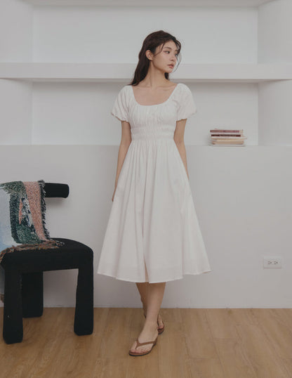 Stefanie Shirred Midi Dress in White