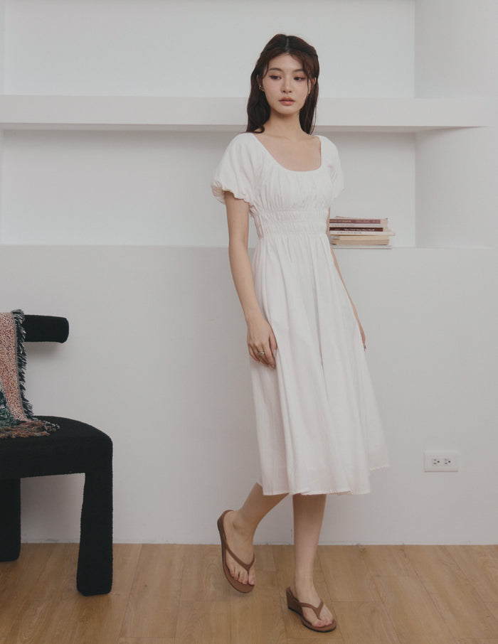 Stefanie Shirred Midi Dress in White