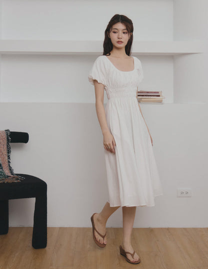 Stefanie Shirred Midi Dress in White
