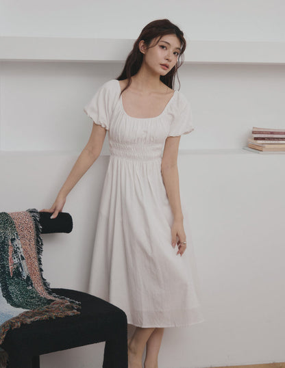 Stefanie Shirred Midi Dress in White