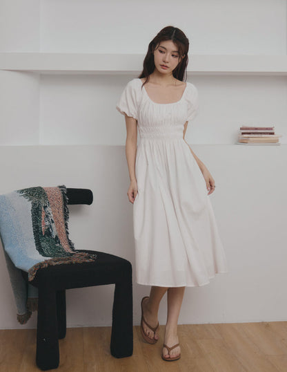 Stefanie Shirred Midi Dress in White
