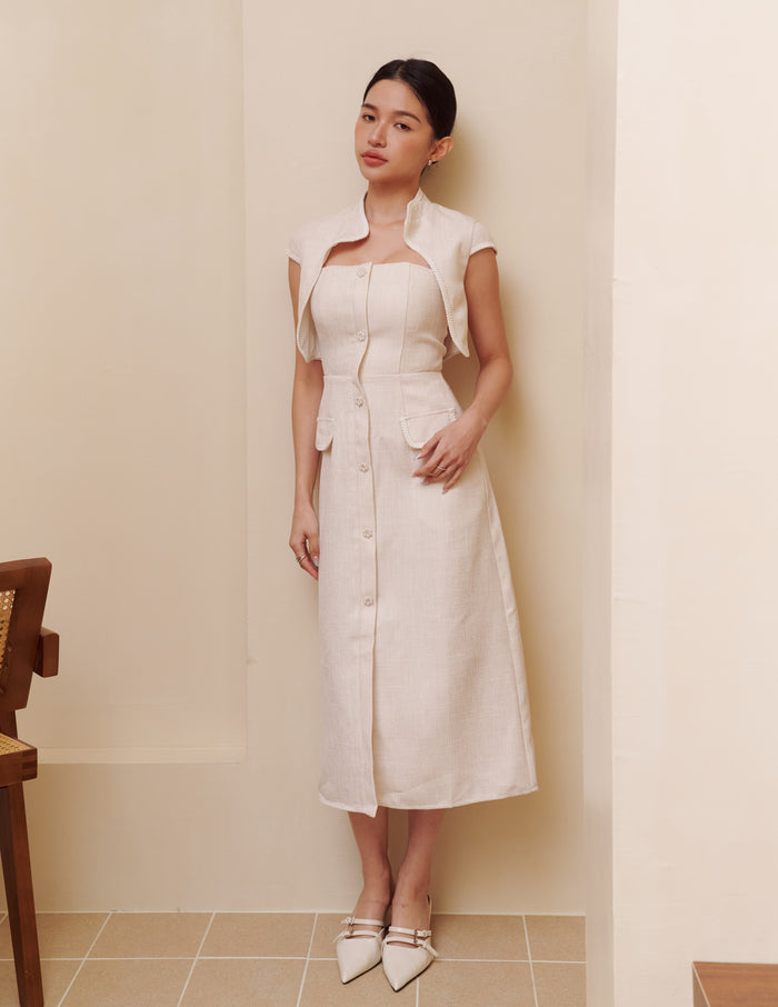 Stella Tweed Cheongsam Bolero Jacket in Beige
