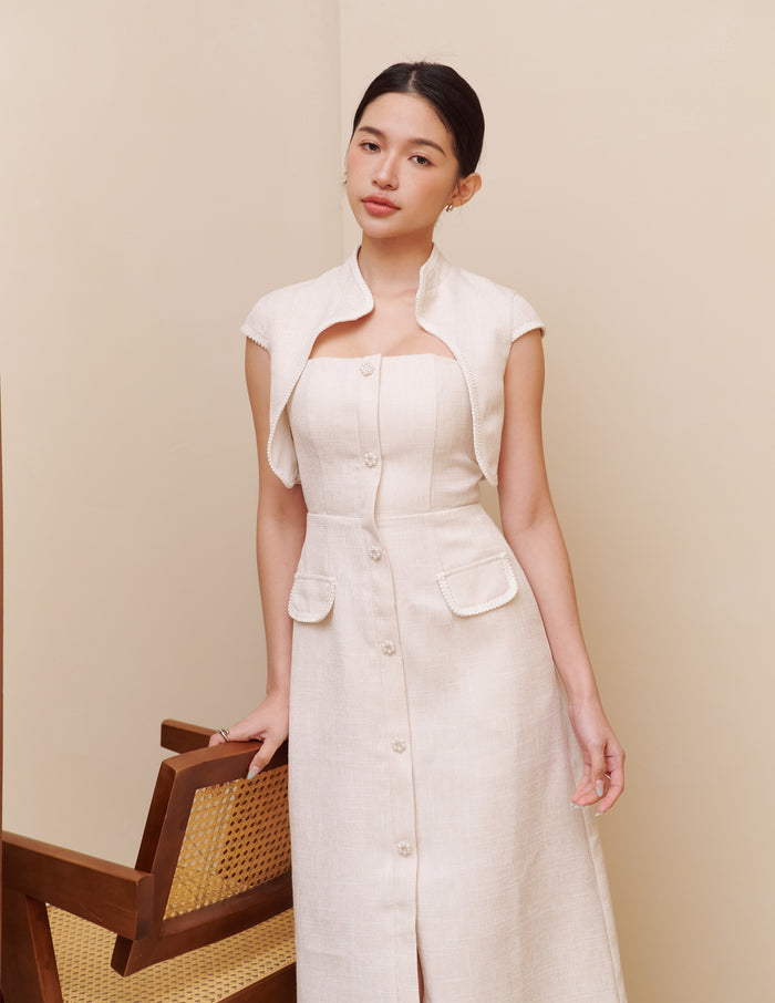 Stella Tweed Cheongsam Bolero Jacket in Beige
