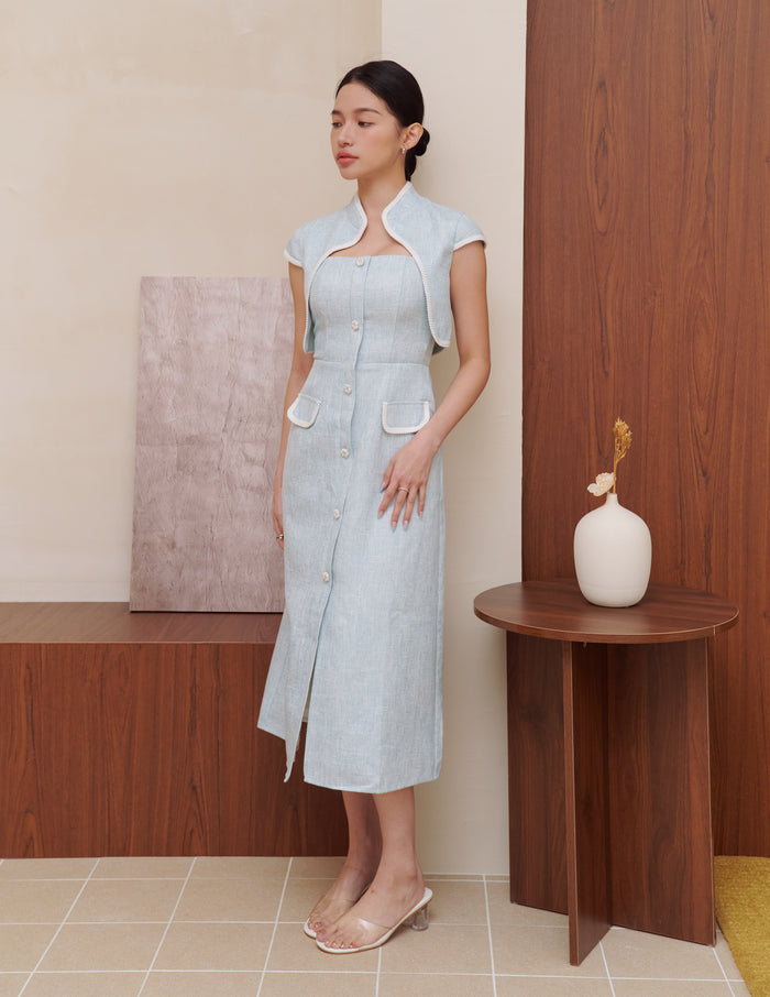 Stella Tweed Cheongsam Bolero Jacket in Blue