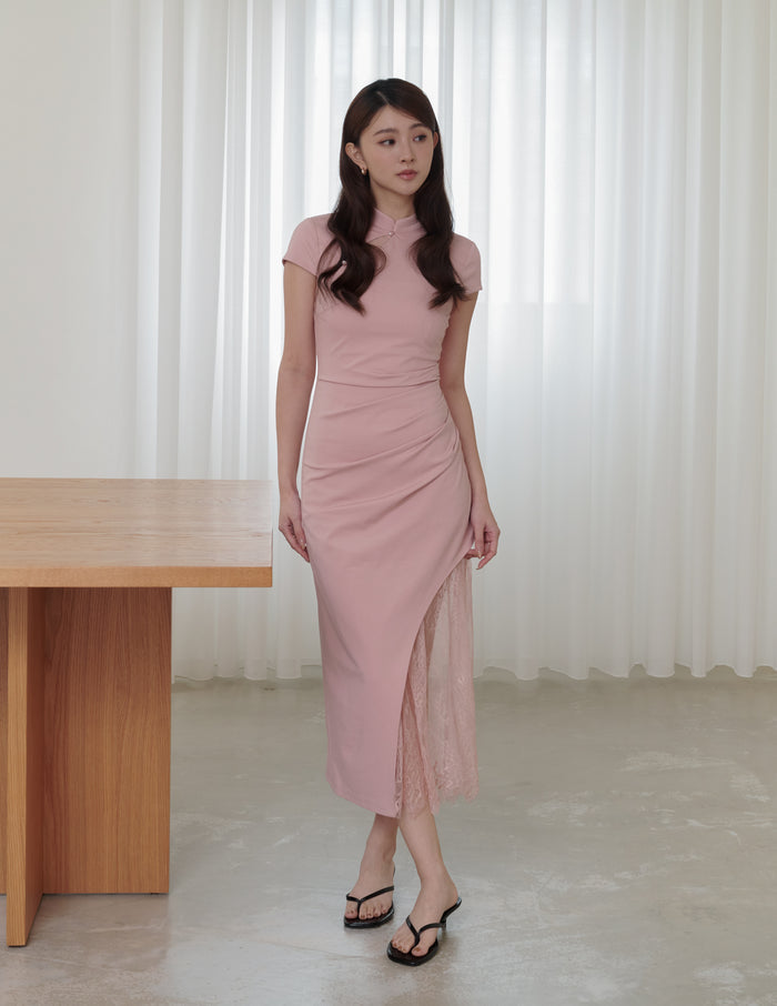 Susan Lace Cheongsam Dress in Dusty Rose