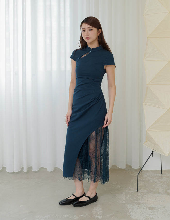 Susan Lace Cheongsam Dress in Teal Blue