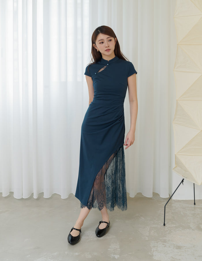 Susan Lace Cheongsam Dress in Teal Blue
