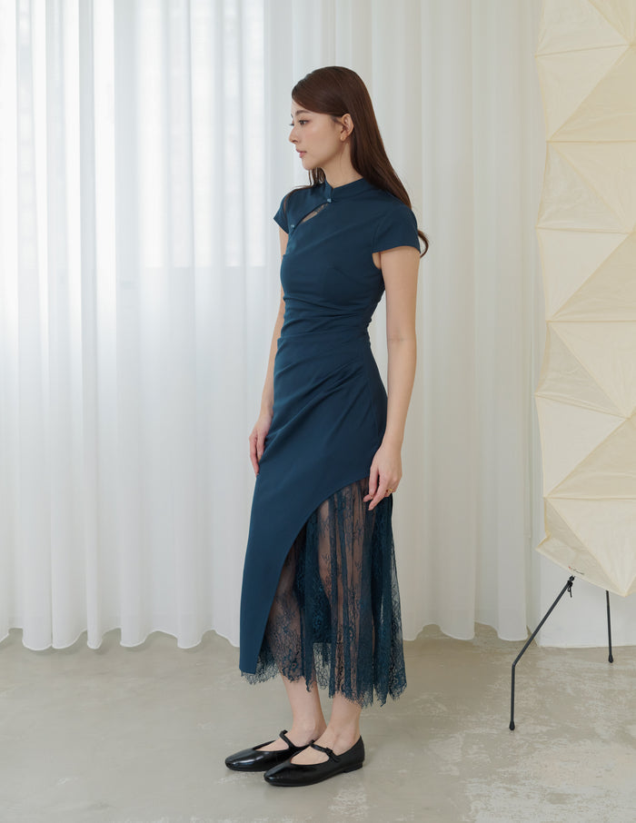 Susan Lace Cheongsam Dress in Teal Blue