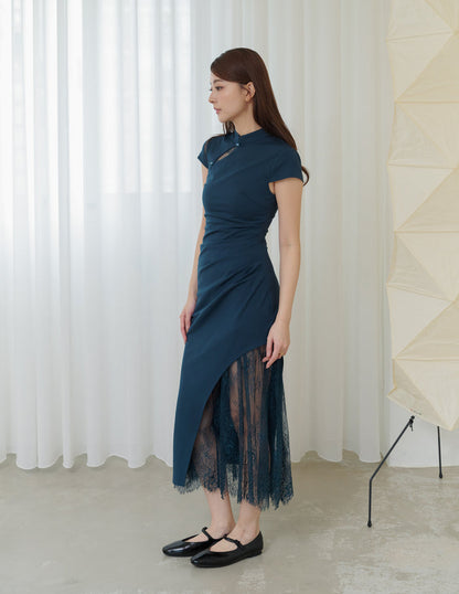 Susan Lace Cheongsam Dress in Teal Blue