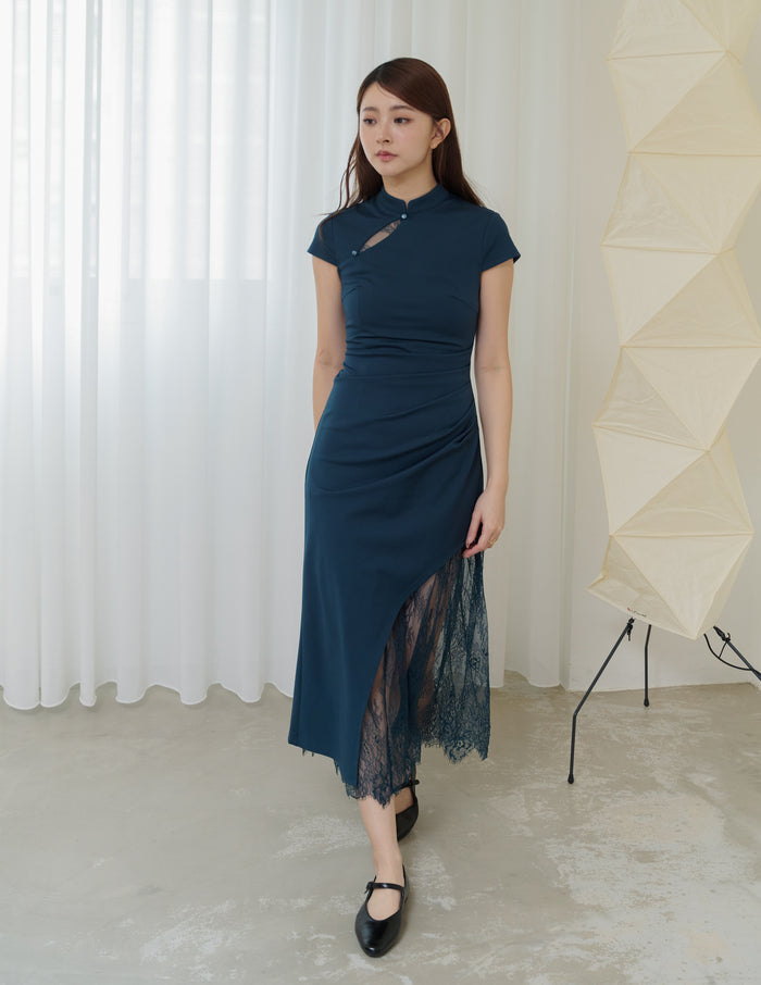Susan Lace Cheongsam Dress in Teal Blue