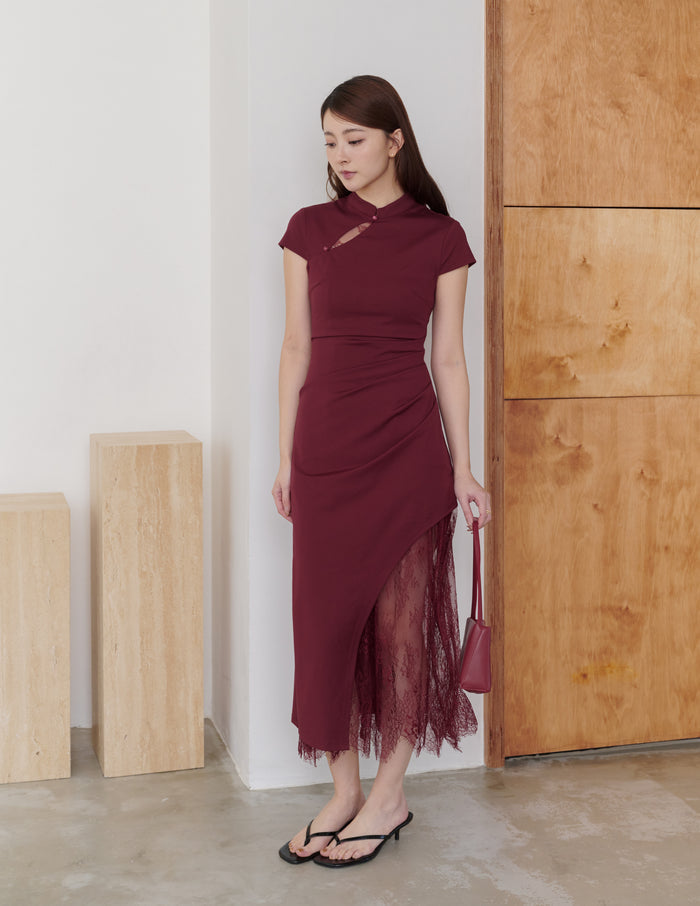 Susan Lace Cheongsam Dress in Wine Red