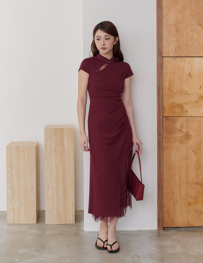 Susan Lace Cheongsam Dress in Wine Red