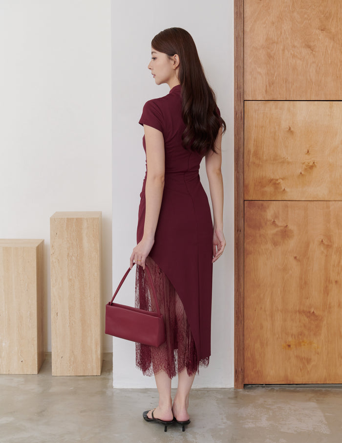 Susan Lace Cheongsam Dress in Wine Red