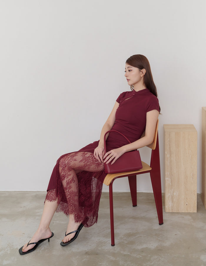 Susan Lace Cheongsam Dress in Wine Red