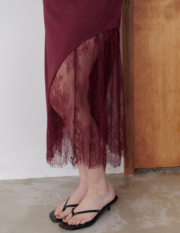 Susan Lace Cheongsam Dress in Wine Red