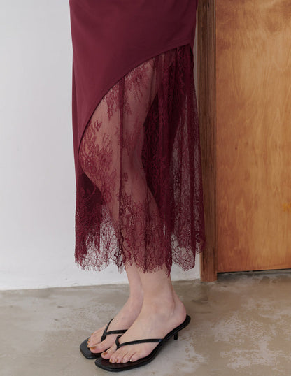 Susan Lace Cheongsam Dress in Wine Red