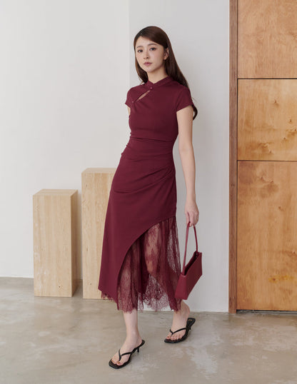 Susan Lace Cheongsam Dress in Wine Red