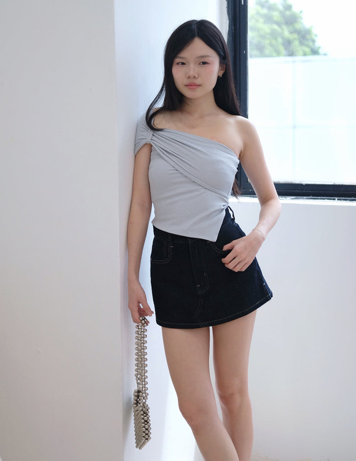Tyla Padded One-Shoulder Top in Grey Blue