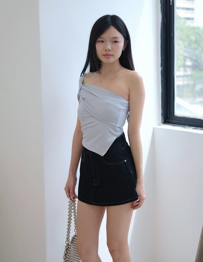 Tyla Padded One-Shoulder Top in Grey Blue