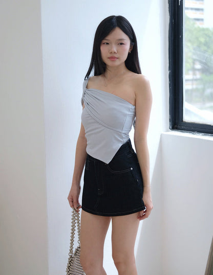 Tyla Padded One-Shoulder Top in Grey Blue