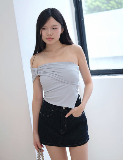 Tyla Padded One-Shoulder Top in Grey Blue