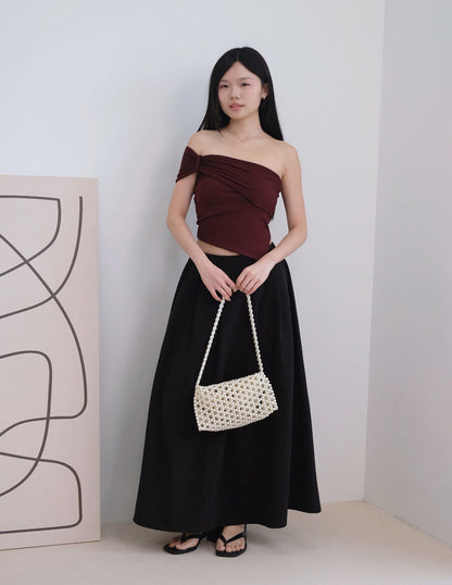 Tyla Padded One-Shoulder Top in Wine